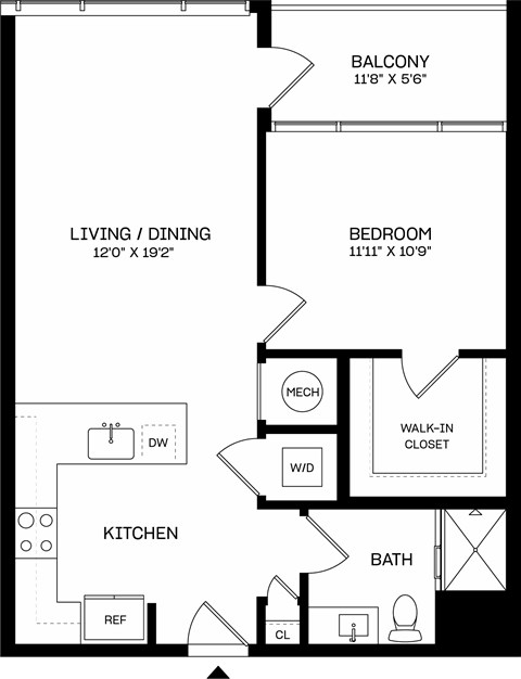 A black and white image of a floor plan for a home with a living/dining area, kitchen, bath, bedroom, and walk-in closet.